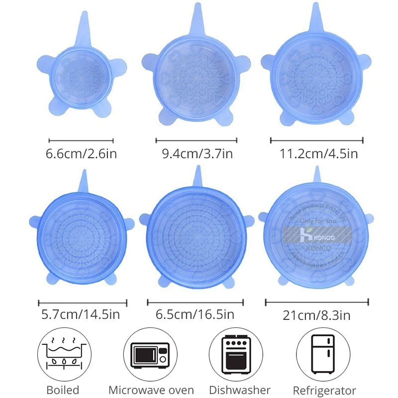 Universal Silicone Food Covers – 6pcs Reusable Stretch Lids for Bowls and Containers