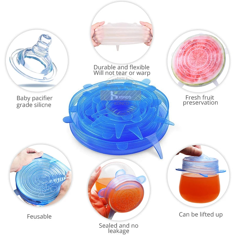 Universal Silicone Food Covers – 6pcs Reusable Stretch Lids for Bowls and Containers