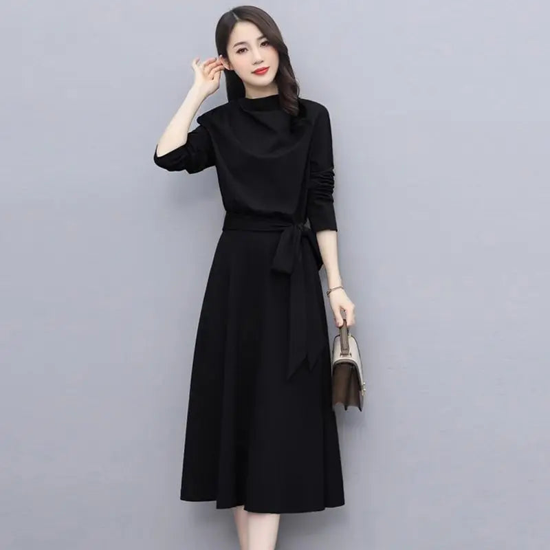 "Spring and Autumn Ladies’ Midi Dress | Solid Color, Long Sleeves, Loose Luxury Style