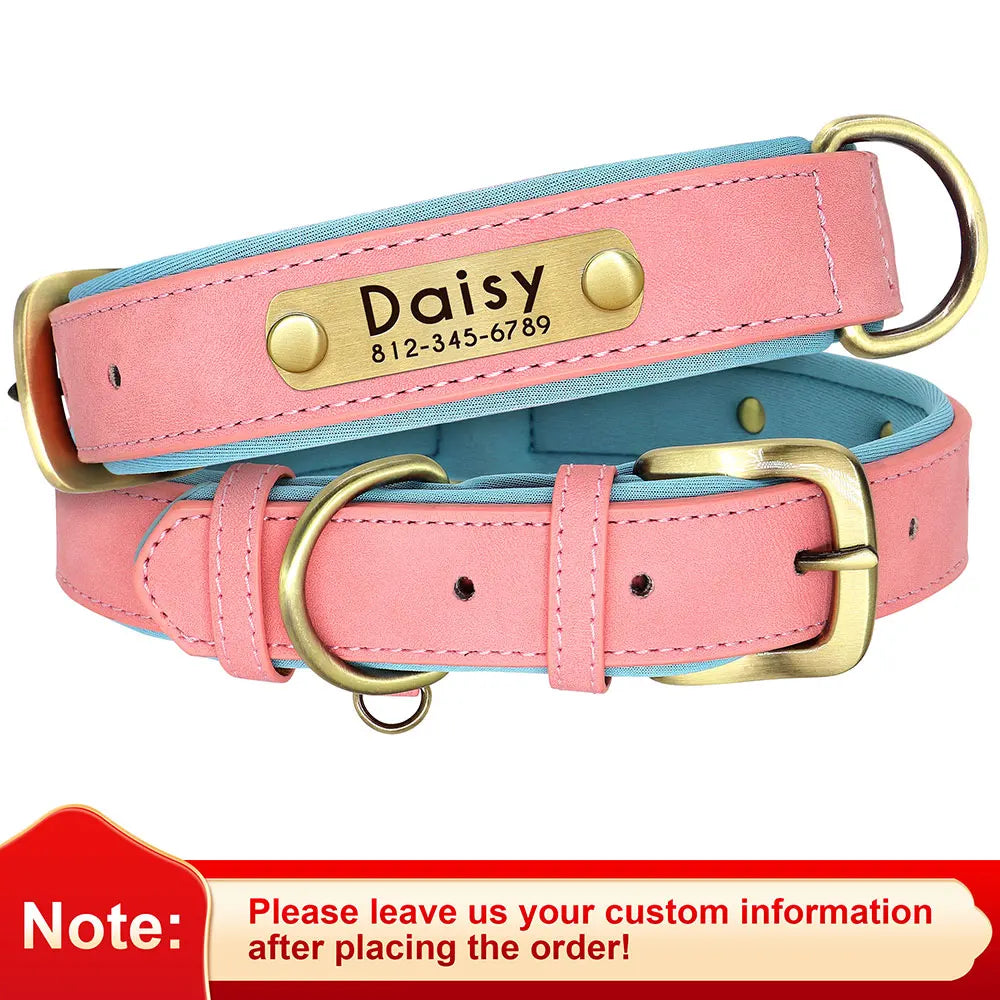 "Customized Leather Dog Collar - Soft Padded Adjustable ID Collar with Free Engraving | Nameplate for Small, Medium, Large Dogs"