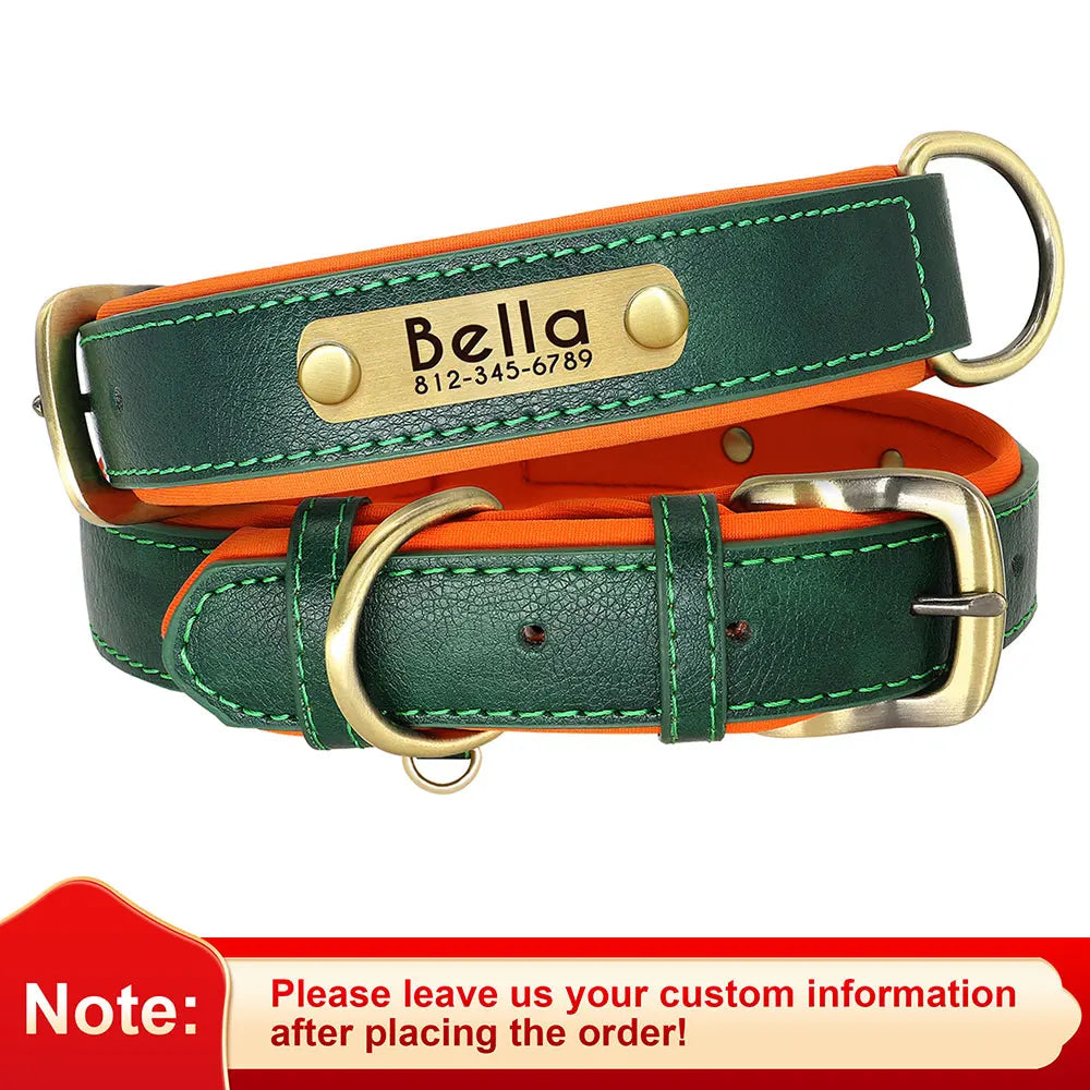 "Customized Leather Dog Collar - Soft Padded Adjustable ID Collar with Free Engraving | Nameplate for Small, Medium, Large Dogs"