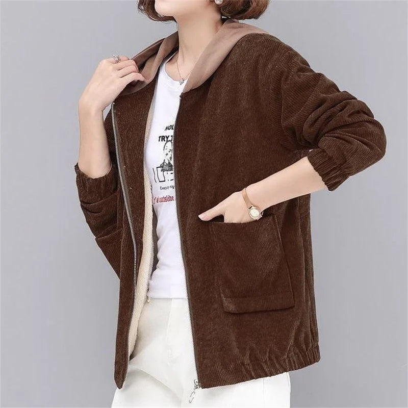 Women’s Velvet Corduroy Jacket | Hooded Loose-Fit Short Coat for Spring & Autumn