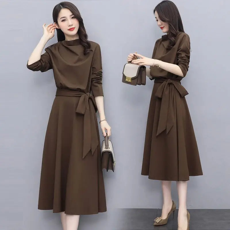 "Spring and Autumn Ladies’ Midi Dress | Solid Color, Long Sleeves, Loose Luxury Style