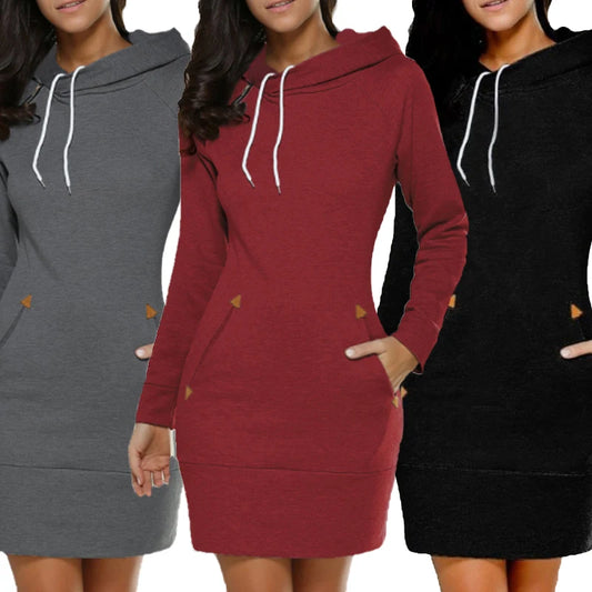 Women's Hooded Sweatshirt Dress with Pockets | Long Sleeve Mini Dress for Fall & Winter