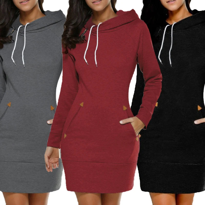 Women Autumn Winter Fashion Sweatshirt Dresses for Women Pocket Hooded Casual Dress Solid Color Long Sleeve Mini Dress