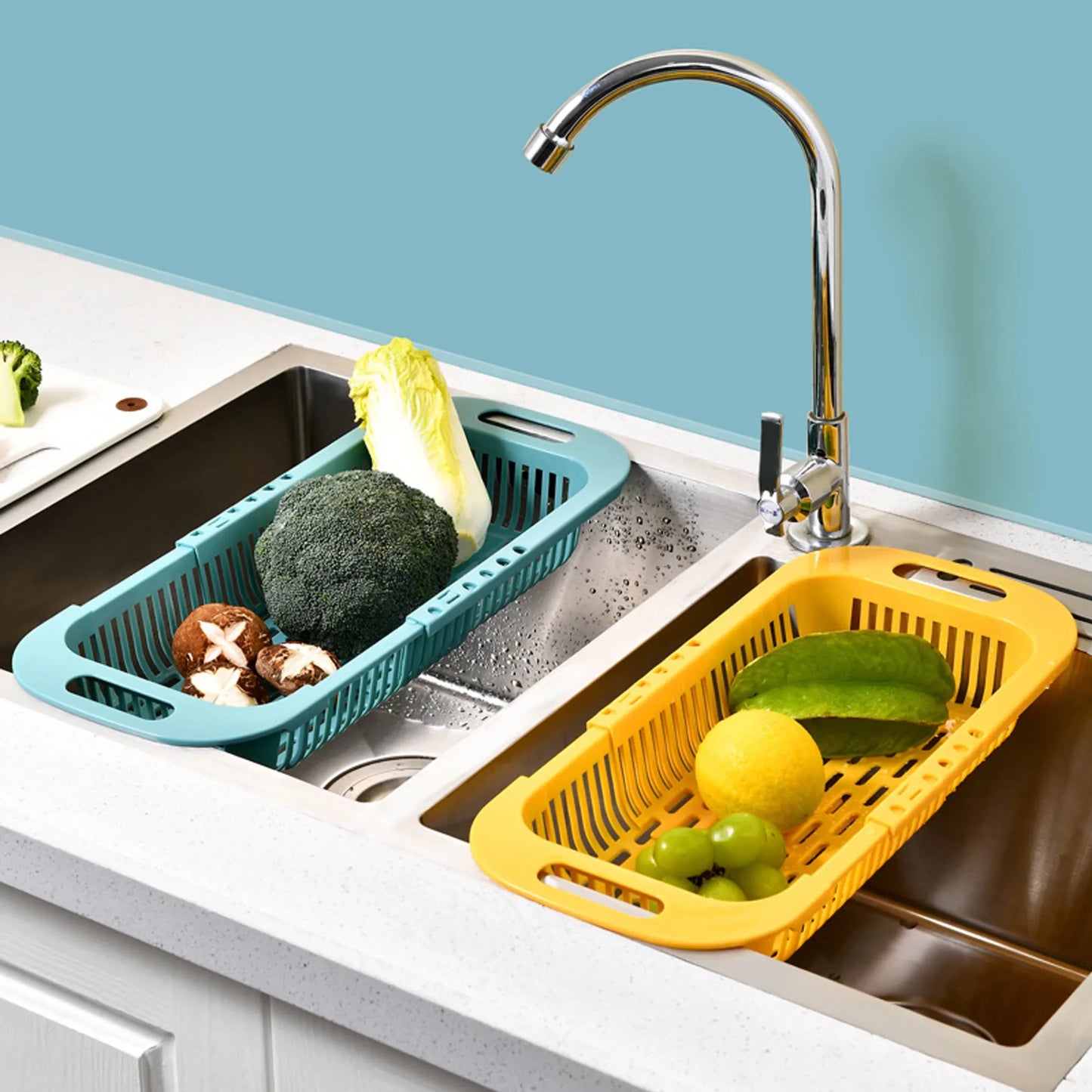 Telescopic Kitchen Organizer Rack – Adjustable Drain Basket for Soap, Sponge, and Vegetables