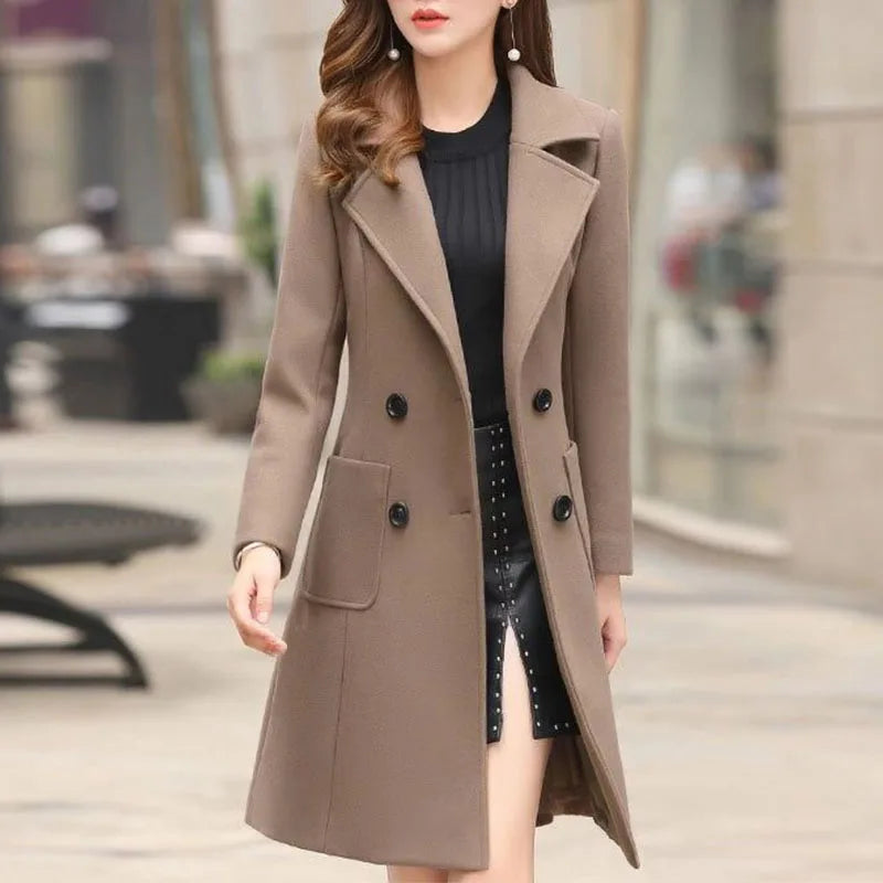 "Elegant Autumn/Winter Women's Wool Coat: Double-Breasted, Slim Fit, Solid Color with Turn-Down Collar for Fashionable Street Style"