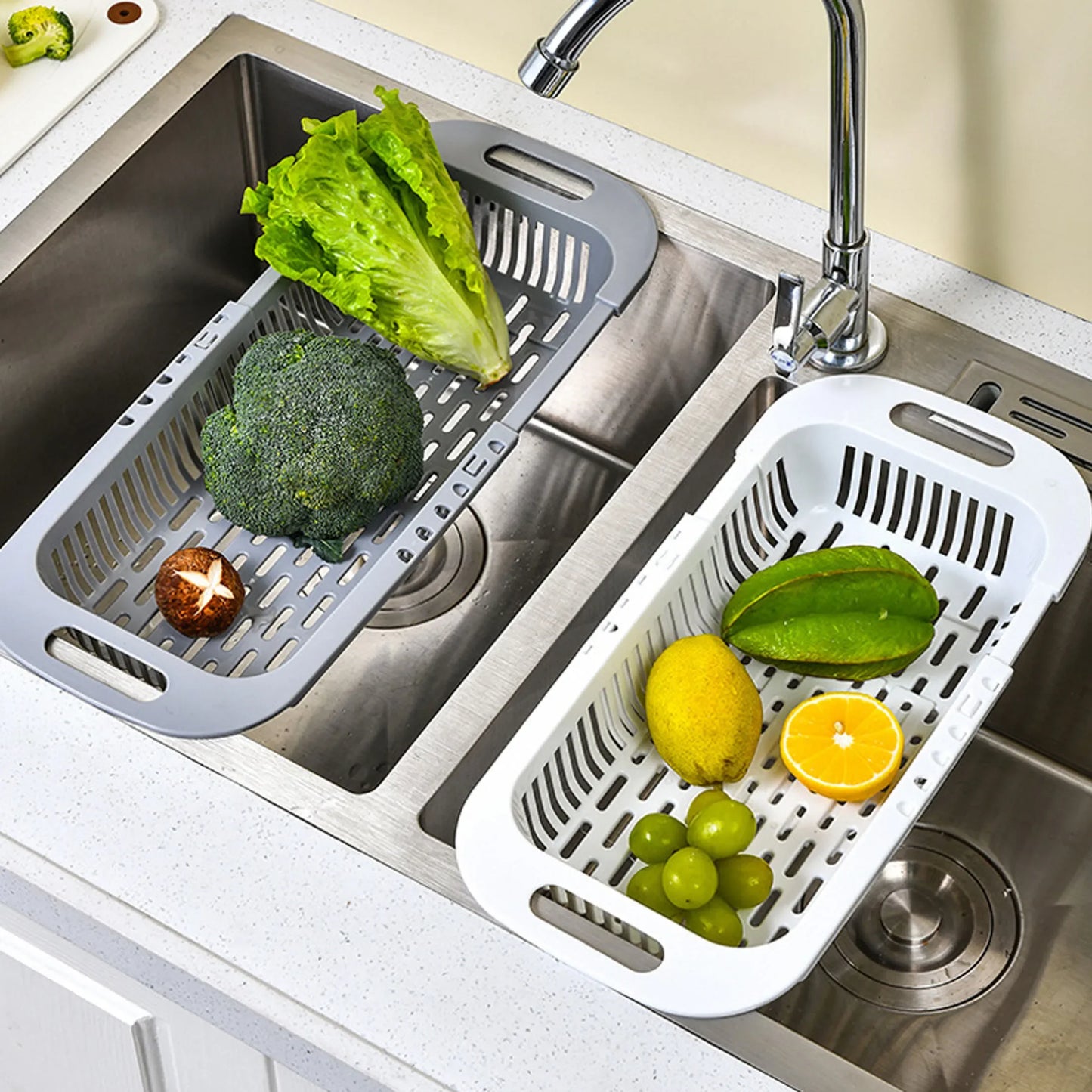 Telescopic Kitchen Organizer Rack – Adjustable Drain Basket for Soap, Sponge, and Vegetables