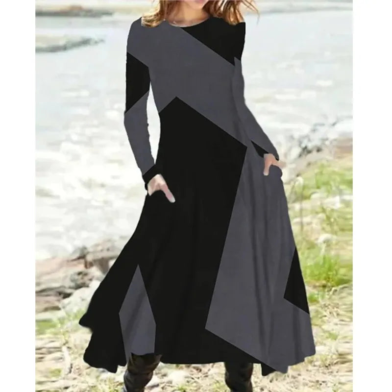 New Casual Ladies’ Dress for 2024 | Elegant Contrast Color Midi with Pockets & Long Sleeves