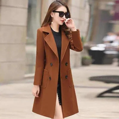 "Elegant Autumn/Winter Women's Wool Coat: Double-Breasted, Slim Fit, Solid Color with Turn-Down Collar for Fashionable Street Style"