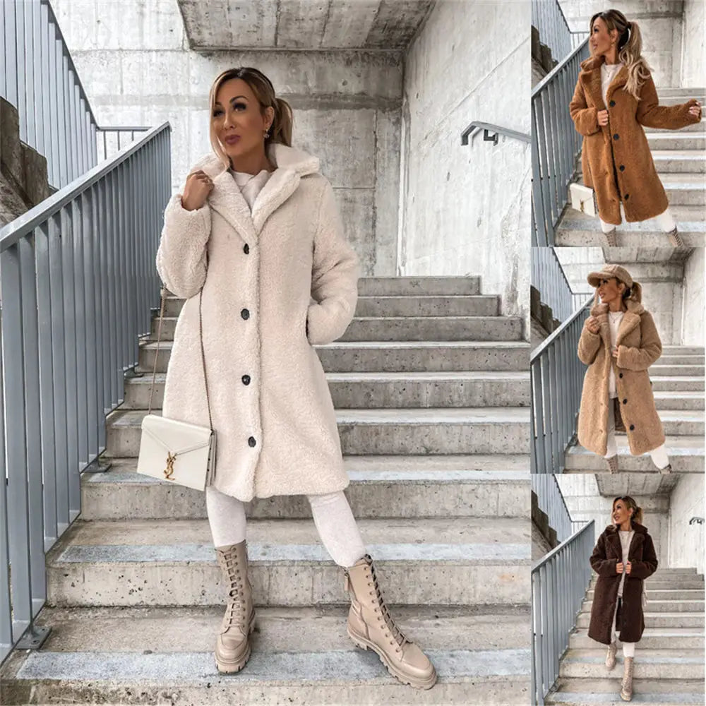 Stylish Women’s Teddy Fleece Coat | Faux Fur Lapel Cardigan, Mid-Length Sherpa Sweater, Plus Size 5XL