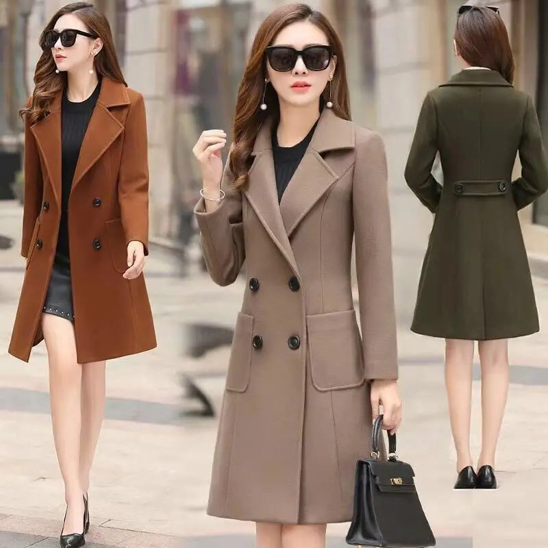 "Elegant Autumn/Winter Women's Wool Coat: Double-Breasted, Slim Fit, Solid Color with Turn-Down Collar for Fashionable Street Style"