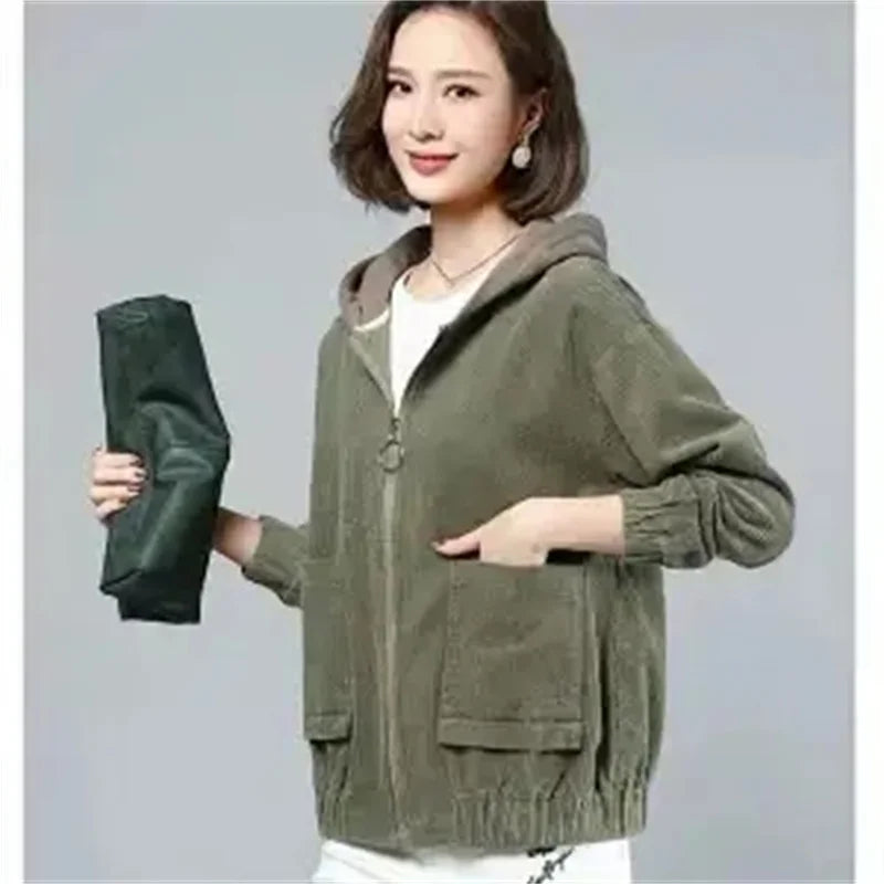 Women’s Velvet Corduroy Jacket | Hooded Loose-Fit Short Coat for Spring & Autumn