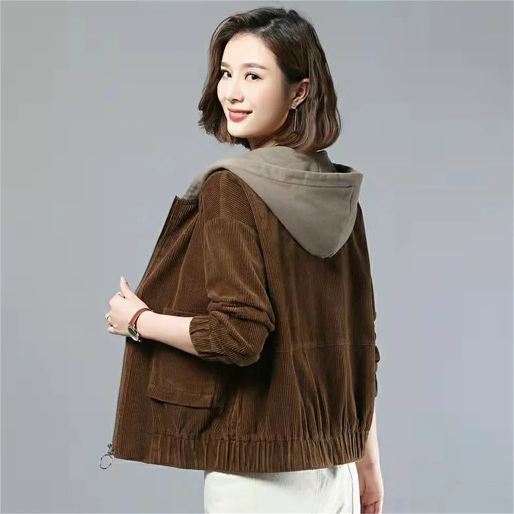 Women’s Velvet Corduroy Jacket | Hooded Loose-Fit Short Coat for Spring & Autumn