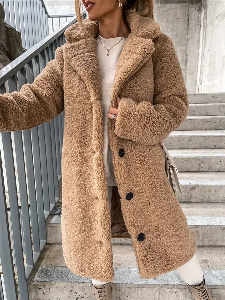 Stylish Women’s Teddy Fleece Coat | Faux Fur Lapel Cardigan, Mid-Length Sherpa Sweater, Plus Size 5XL