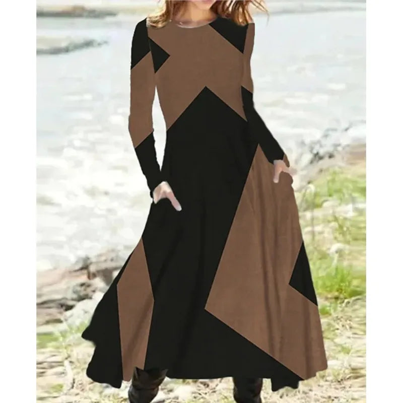 New Casual Ladies’ Dress for 2024 | Elegant Contrast Color Midi with Pockets & Long Sleeves