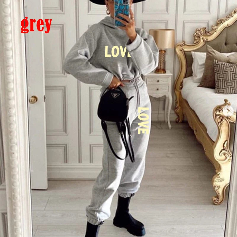 New Love Letter Print 2-Piece Set | Women’s Hooded Tracksuit for Casual Wear