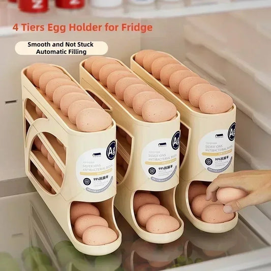 Egg Storage Organizer for Fridge | 4-Tier Auto Rolling Egg Dispenser