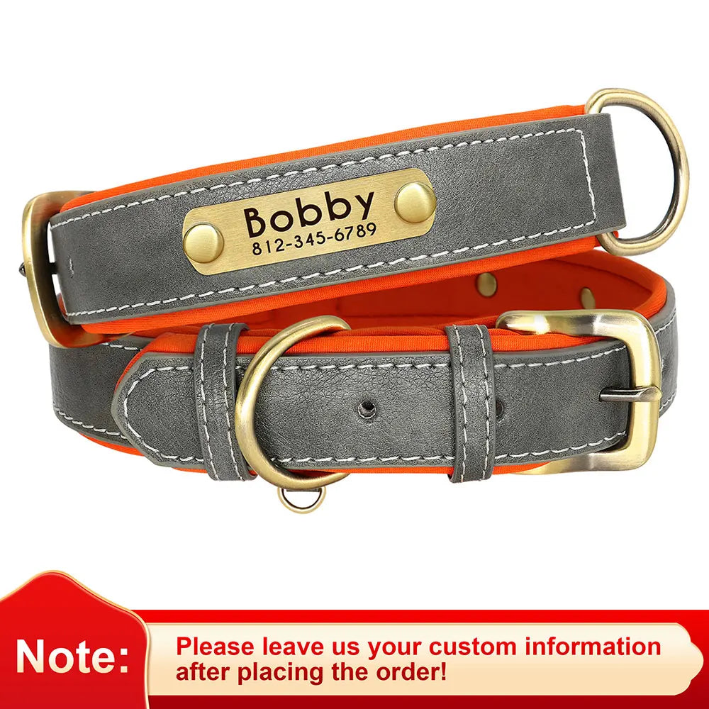 "Customized Leather Dog Collar - Soft Padded Adjustable ID Collar with Free Engraving | Nameplate for Small, Medium, Large Dogs"