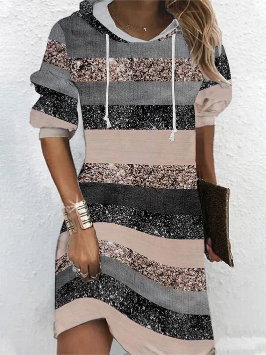 Women’s Long Sleeve Hoodie Dress | Stylish Striped Color Block Midi for Fall