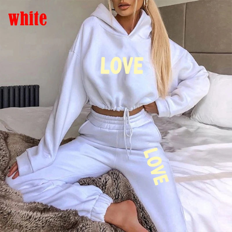 New Love Letter Print 2-Piece Set | Women’s Hooded Tracksuit for Casual Wear