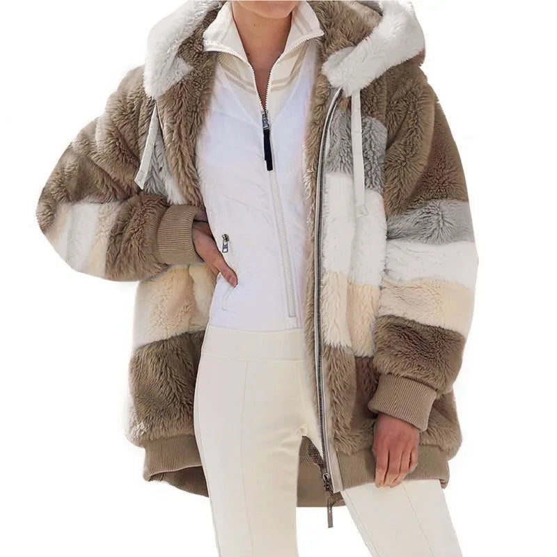 Casual Over sized Women’s Jacket | Warm Plush Hooded Coat with Pockets for Winter