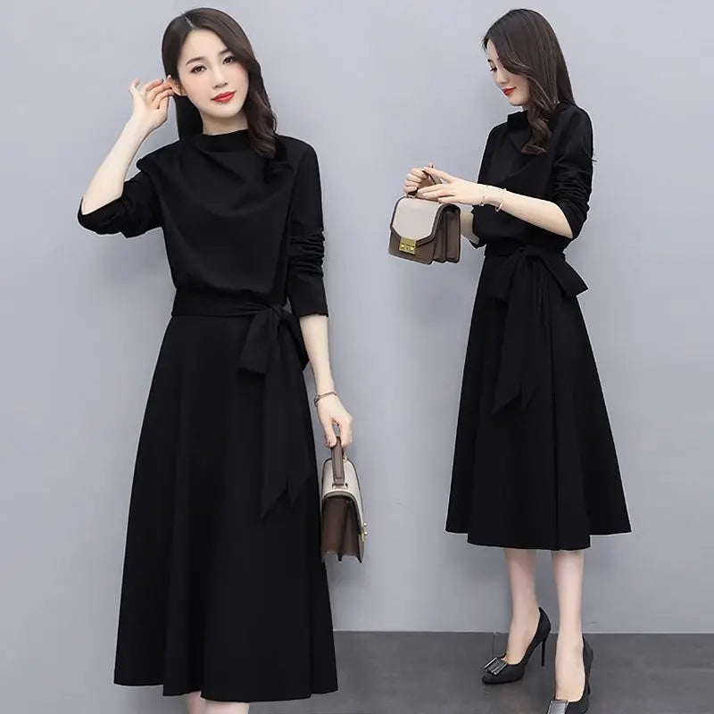 "Spring and Autumn Ladies’ Midi Dress | Solid Color, Long Sleeves, Loose Luxury Style