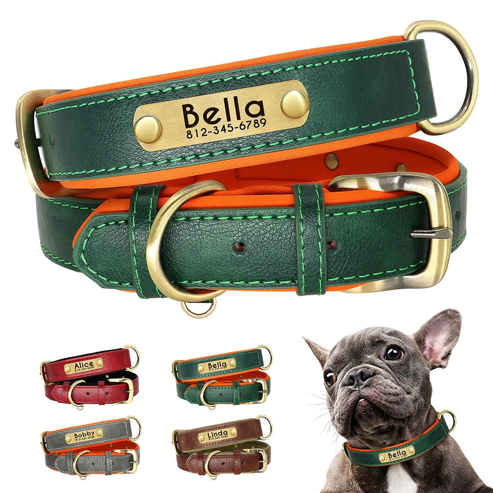 "Customized Leather Dog Collar - Soft Padded Adjustable ID Collar with Free Engraving | Nameplate for Small, Medium, Large Dogs"