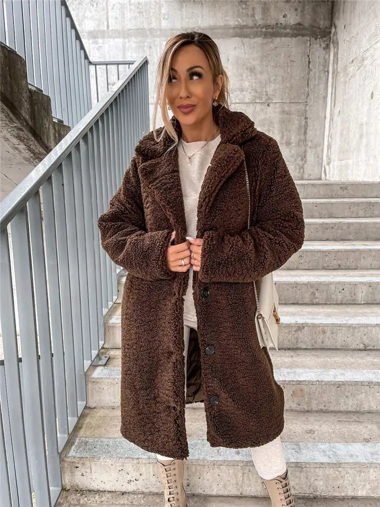 Stylish Women’s Teddy Fleece Coat | Faux Fur Lapel Cardigan, Mid-Length Sherpa Sweater, Plus Size 5XL