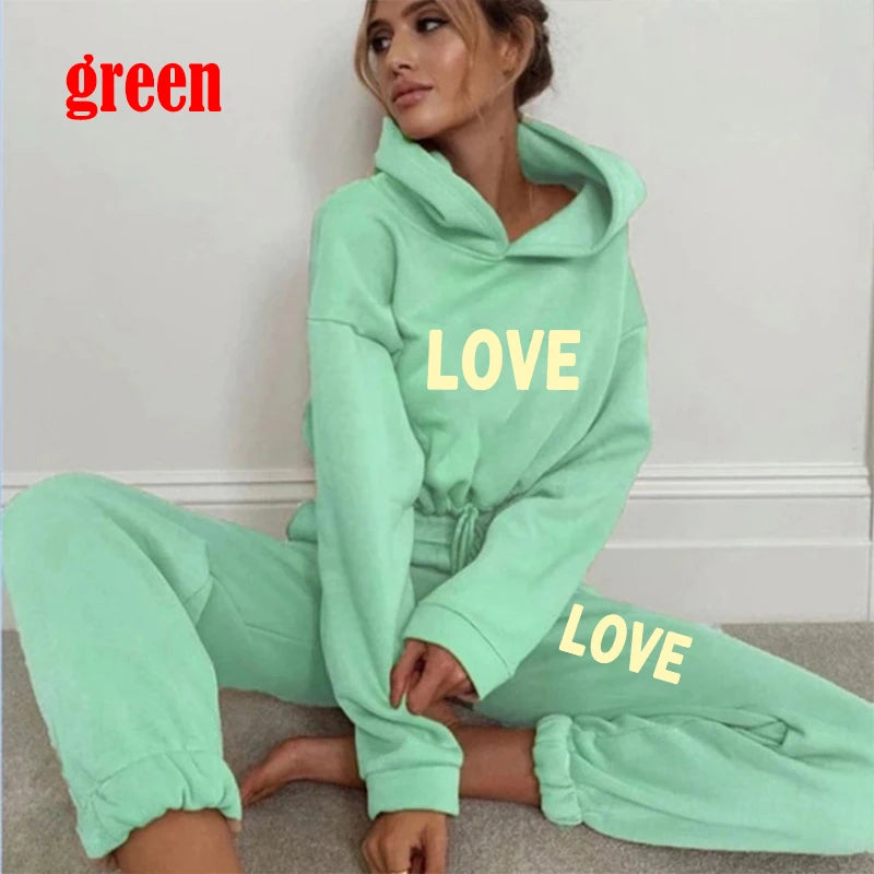 New Love Letter Print 2-Piece Set | Women’s Hooded Tracksuit for Casual Wear