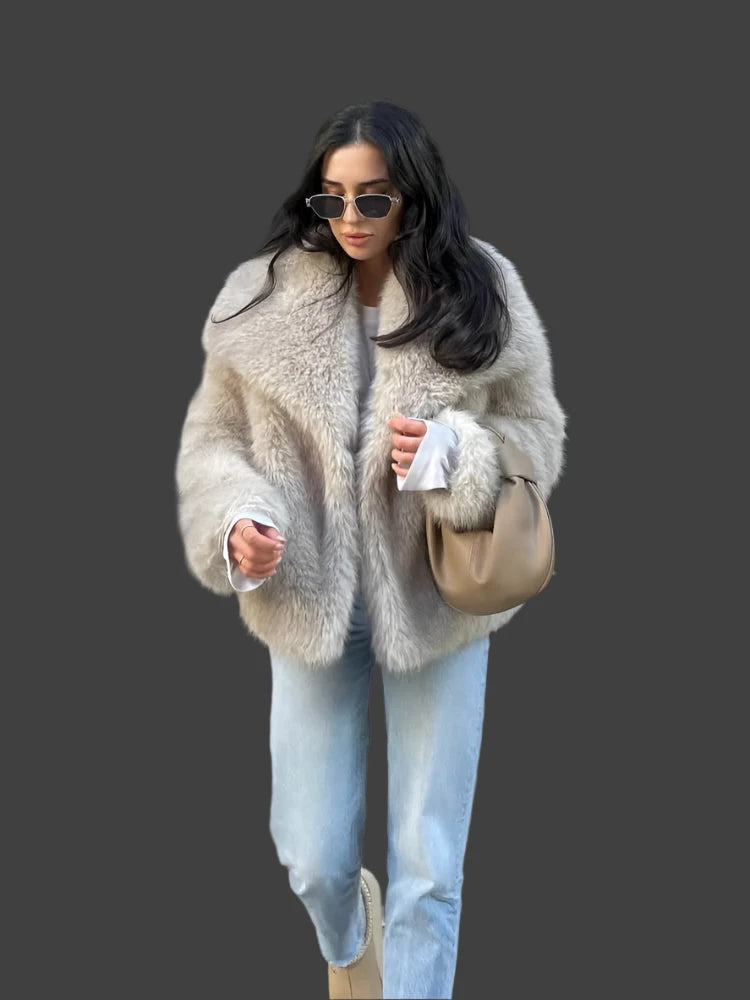 Stylish Cropped Faux Fur Jacket for Women | Cozy Long Sleeve Design with Lapel Collar