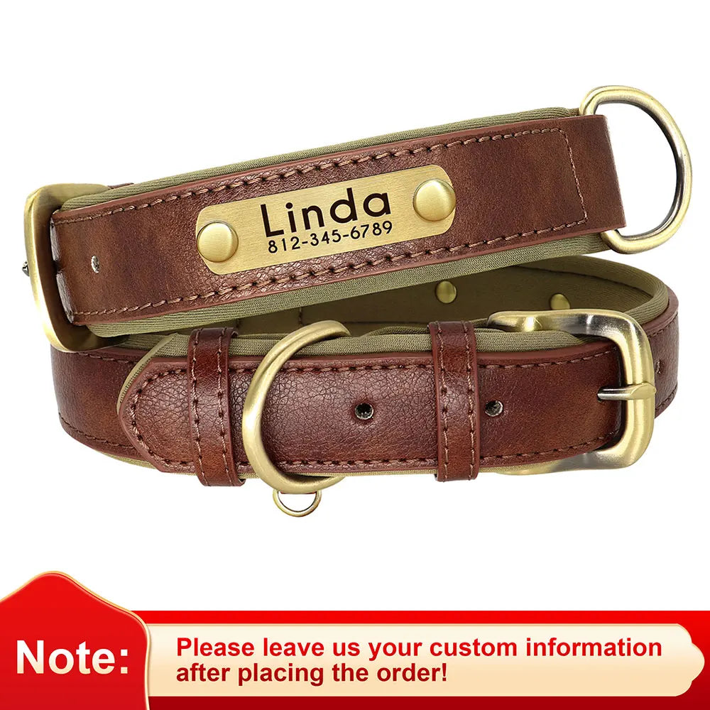 "Customized Leather Dog Collar - Soft Padded Adjustable ID Collar with Free Engraving | Nameplate for Small, Medium, Large Dogs"