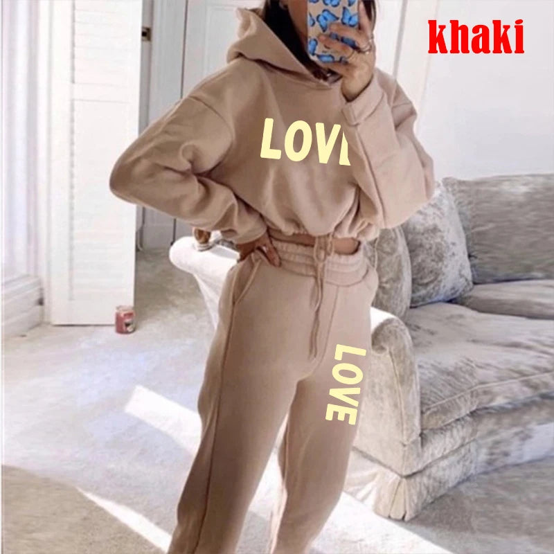 New Love Letter Print 2-Piece Set | Women’s Hooded Tracksuit for Casual Wear