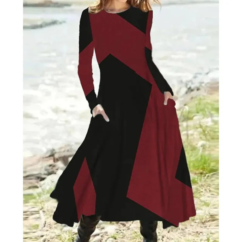 New Casual Ladies’ Dress for 2024 | Elegant Contrast Color Midi with Pockets & Long Sleeves