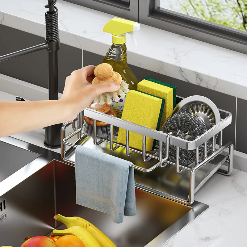 Stainless Steel Kitchen Sink Drain Rack – Sponge Holder, Soap Drainer, and Towel Shelf Organizer