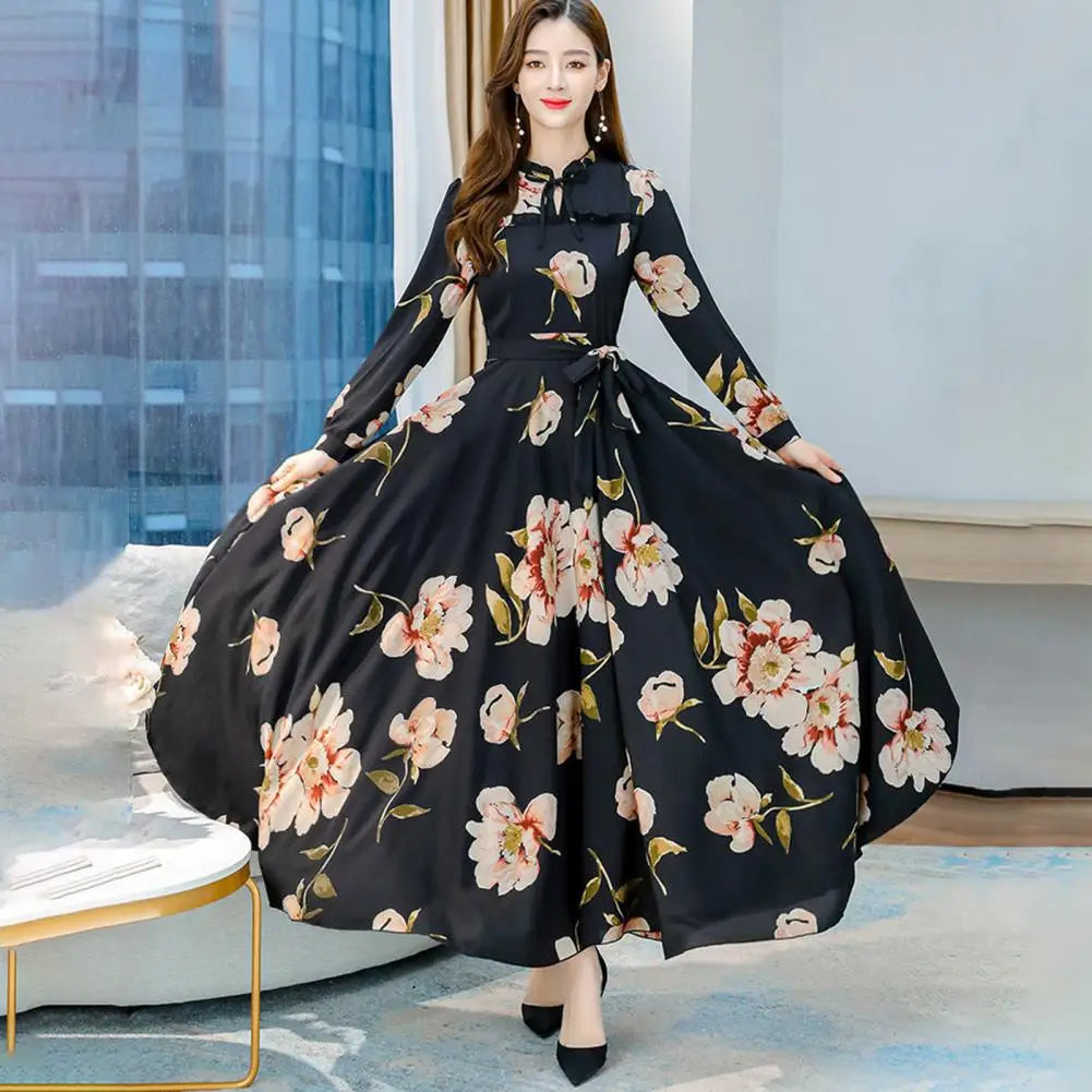 Women’s Summer Flower Print Maxi Dress | Long Sleeve, High Waist & Stylish Large Hem for Special Occasions