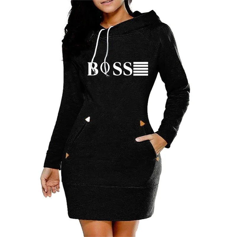 Boss Midi Dresses for Women | Casual Autumn & Winter Slim Fit with Pockets, Long Sleeves & Hoodie