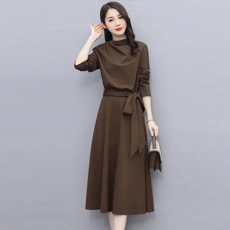 "Spring and Autumn Ladies’ Midi Dress | Solid Color, Long Sleeves, Loose Luxury Style