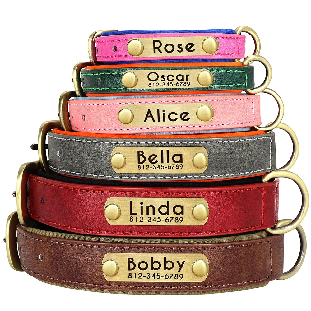 "Customized Leather Dog Collar - Soft Padded Adjustable ID Collar with Free Engraving | Nameplate for Small, Medium, Large Dogs"