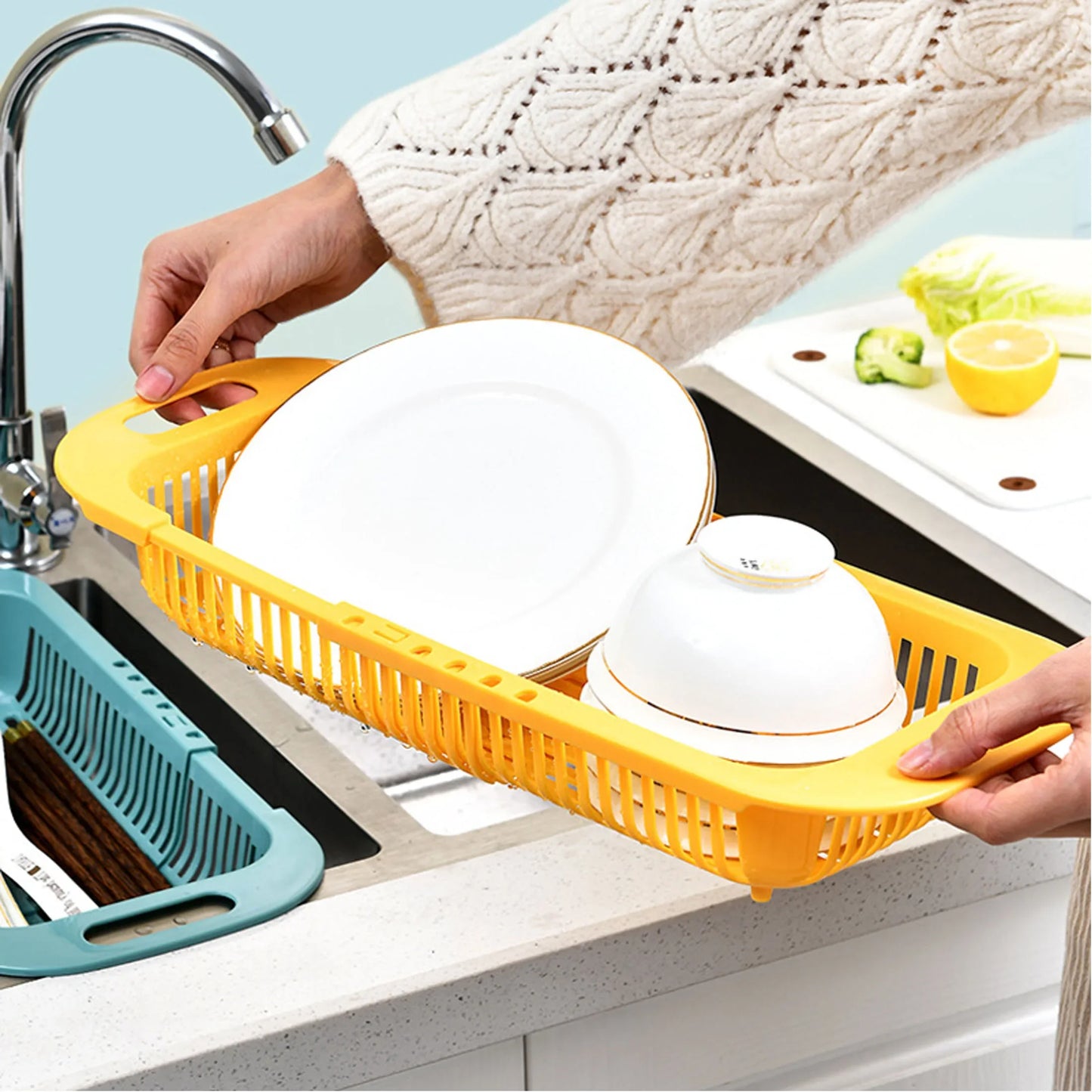 Telescopic Kitchen Organizer Rack – Adjustable Drain Basket for Soap, Sponge, and Vegetables