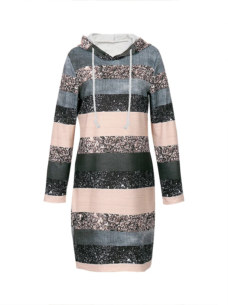 Women’s Long Sleeve Hoodie Dress | Stylish Striped Color Block Midi for Fall