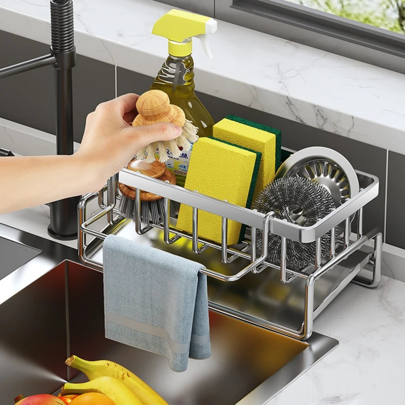 Stainless Steel Kitchen Sink Drain Rack – Sponge Holder, Soap Drainer, and Towel Shelf Organizer