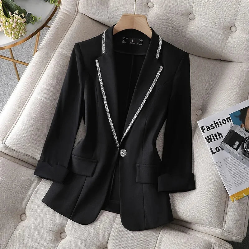 Luxury Women’s Blazer with Diamond Details | Three-Quarter Sleeves & Casual Fit for Spring/Summer