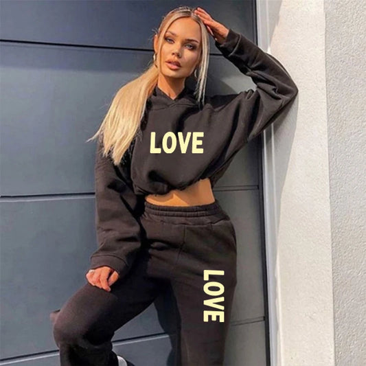 New Love Letter Print 2-Piece Set | Women’s Hooded Tracksuit for Casual Wear