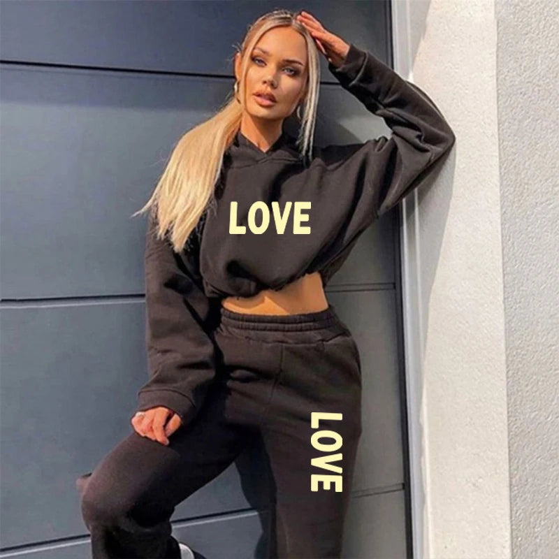 New Love Letter Print 2-Piece Set | Women’s Hooded Tracksuit for Casual Wear