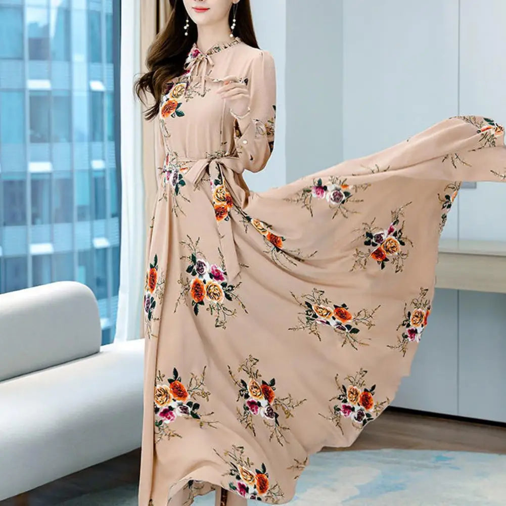 Women’s Summer Flower Print Maxi Dress | Long Sleeve, High Waist & Stylish Large Hem for Special Occasions