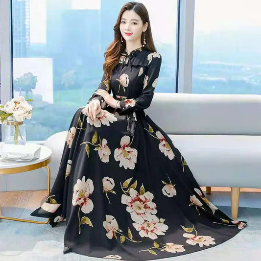 Women’s Summer Flower Print Maxi Dress | Long Sleeve, High Waist & Stylish Large Hem for Special Occasions