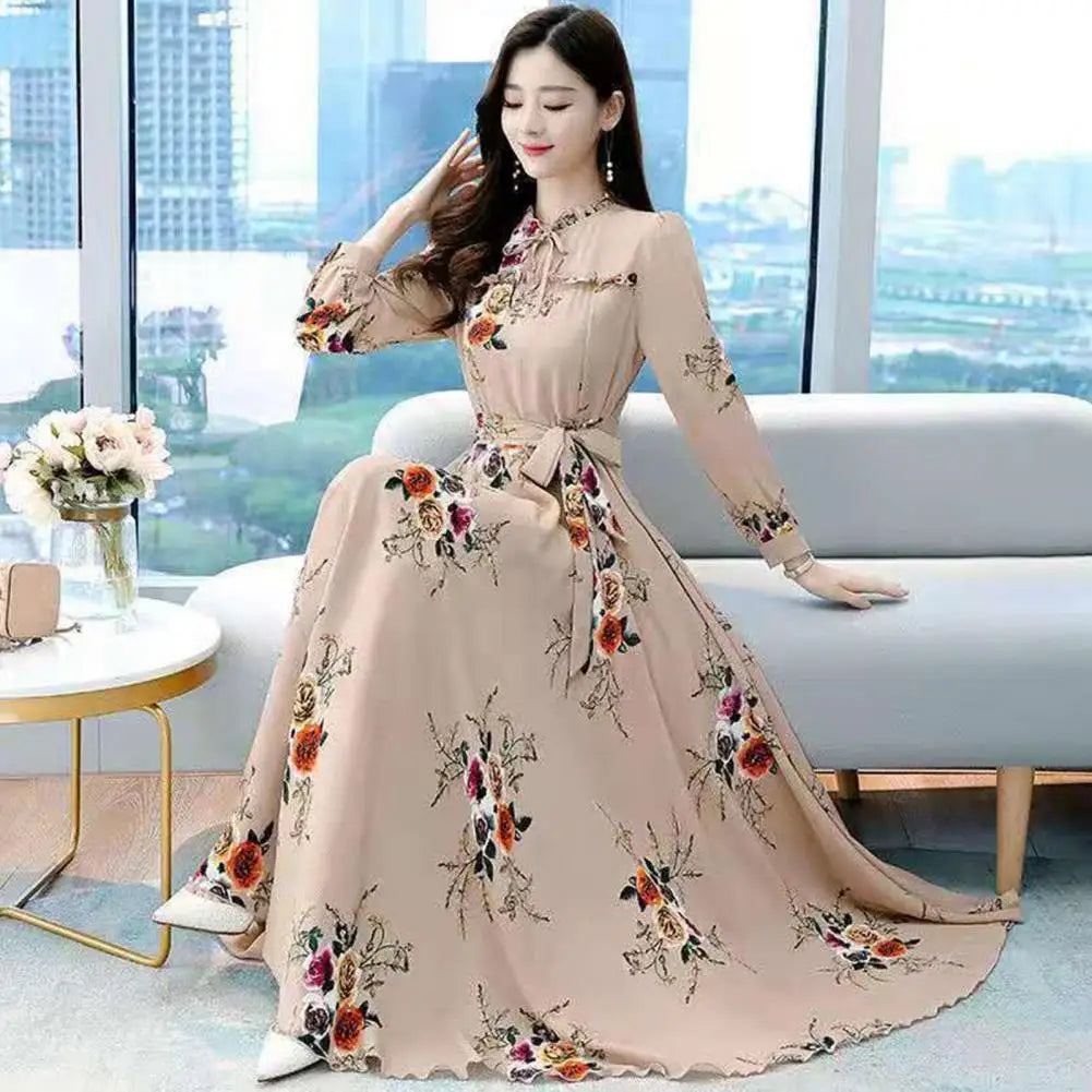 Women’s Summer Flower Print Maxi Dress | Long Sleeve, High Waist & Stylish Large Hem for Special Occasions