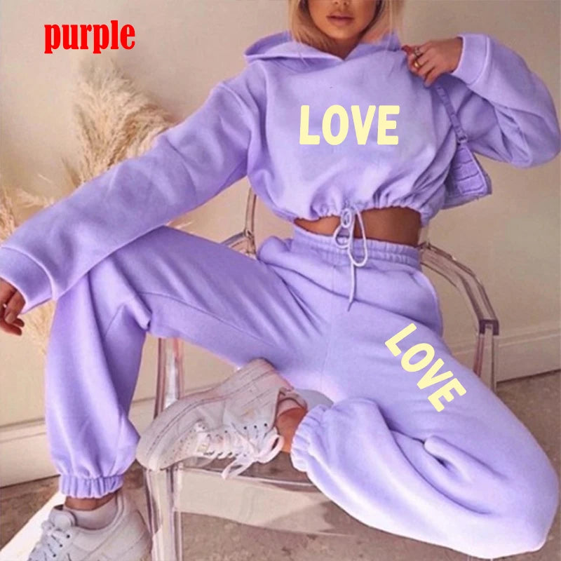 New Love Letter Print 2-Piece Set | Women’s Hooded Tracksuit for Casual Wear