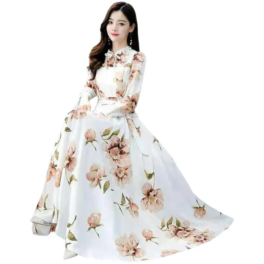 Women’s Summer Flower Print Maxi Dress | Long Sleeve, High Waist & Stylish Large Hem for Special Occasions